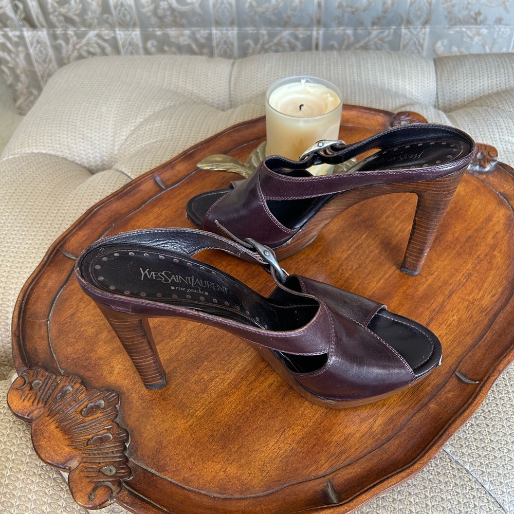 Yves Saint Laurent Women's Brown / Burgundy Wooden Heeled Sandals Size 9 - Picture 6 of 13